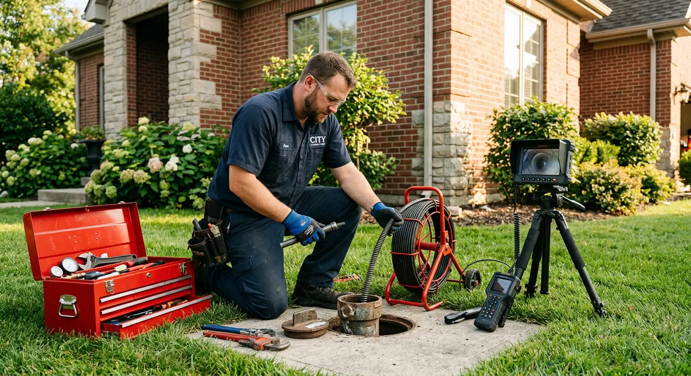Sewer specialist with camera equipment servicing a cleanout in Rogers