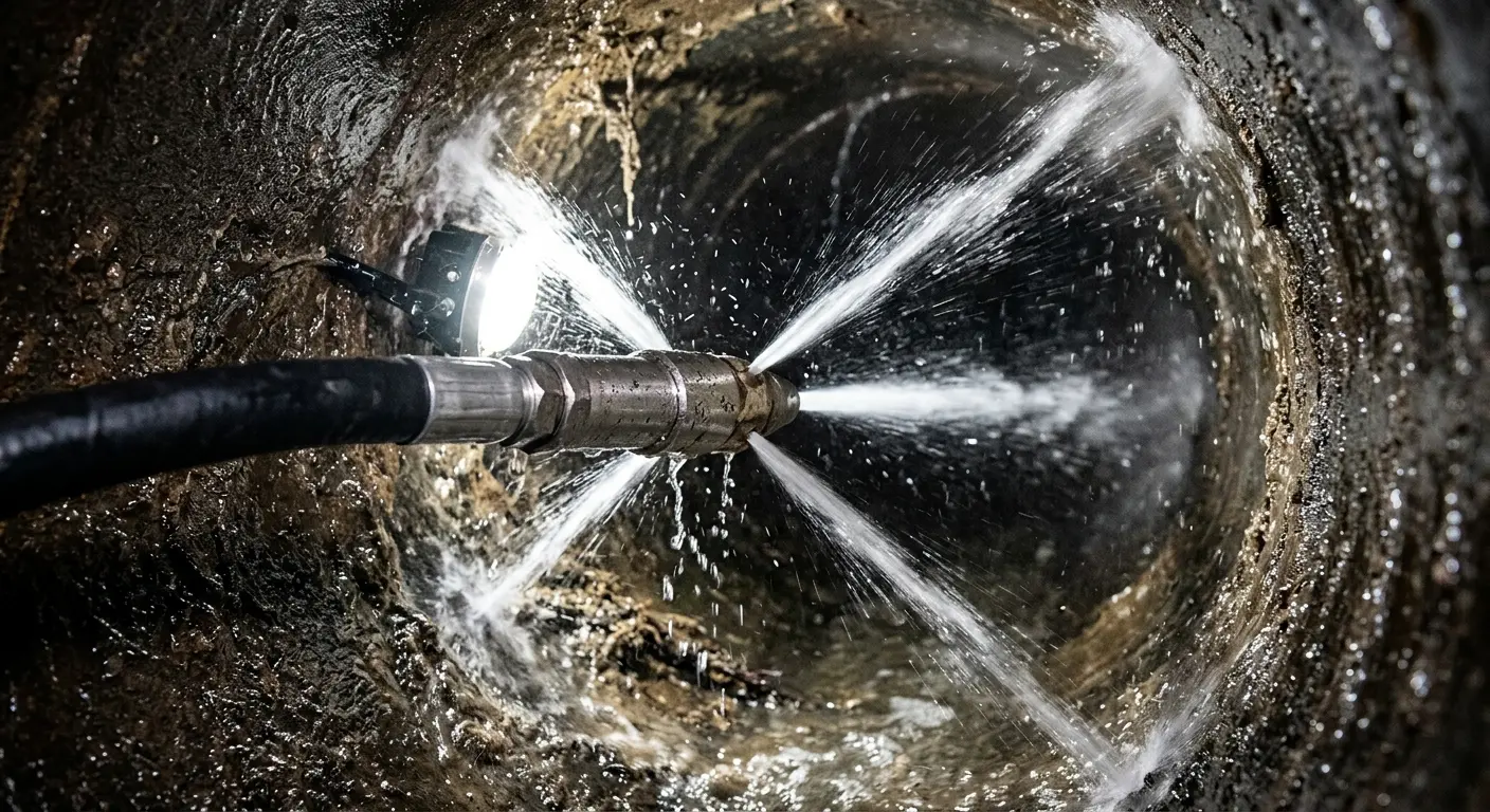 High-pressure hydro jetting nozzle cleaning sewer pipe for Emergency Drain Service in Rogers