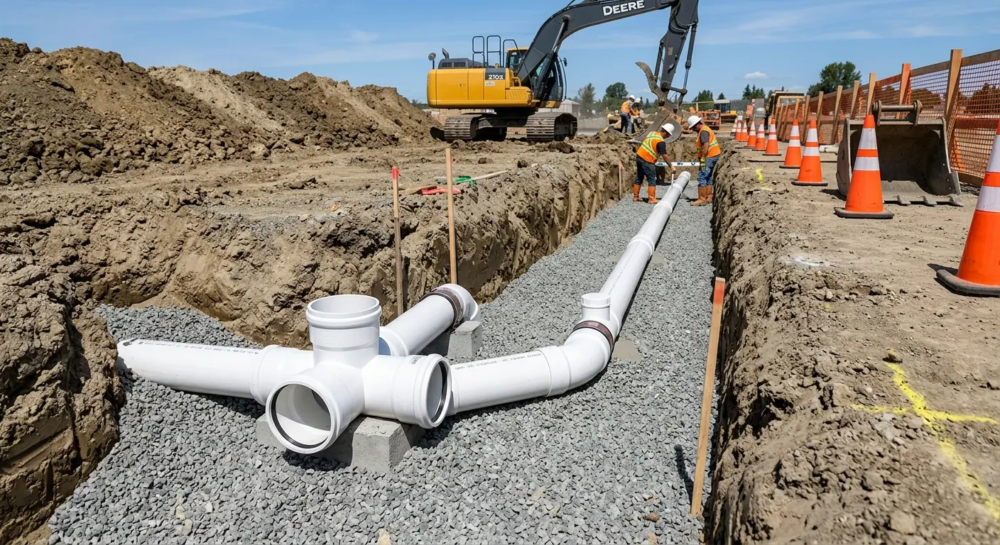 New PVC sewer pipe installation in open trench for Sewer Backup in Rogers