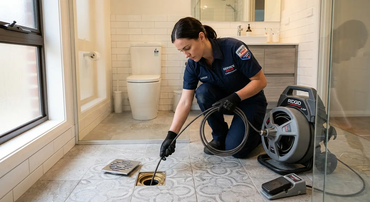 Technician clearing a bathroom floor drain for Sewer Line Replacement in Rogers